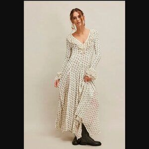 Free People Annalise Waffle Thermal Ruffles Bell Sleeve Godet Maxi Dress Floral